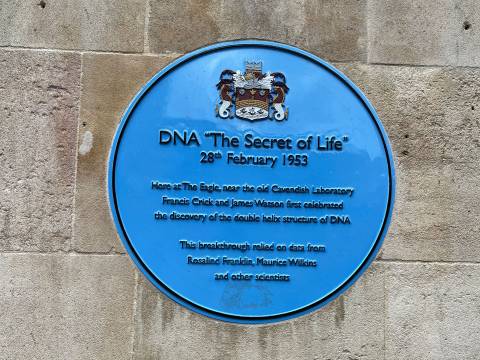 Photograph of the blue plaque to DNA. The inscription reads "Here at the Eagle, near the old Cavendish Laboratory Francis Crick and James Watson first celebrated the discovery of the double helix structure of DNA."