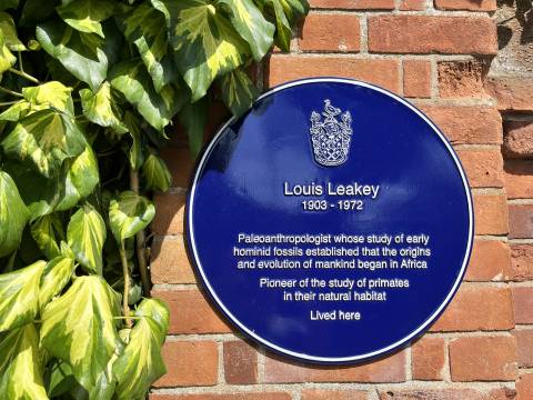 The blue plaque at Louis Leakey's House. The inscription reads "Palaeoanthropologist whose study of early hominid fossils established that the origins and evolution of mankind began in Africa"
