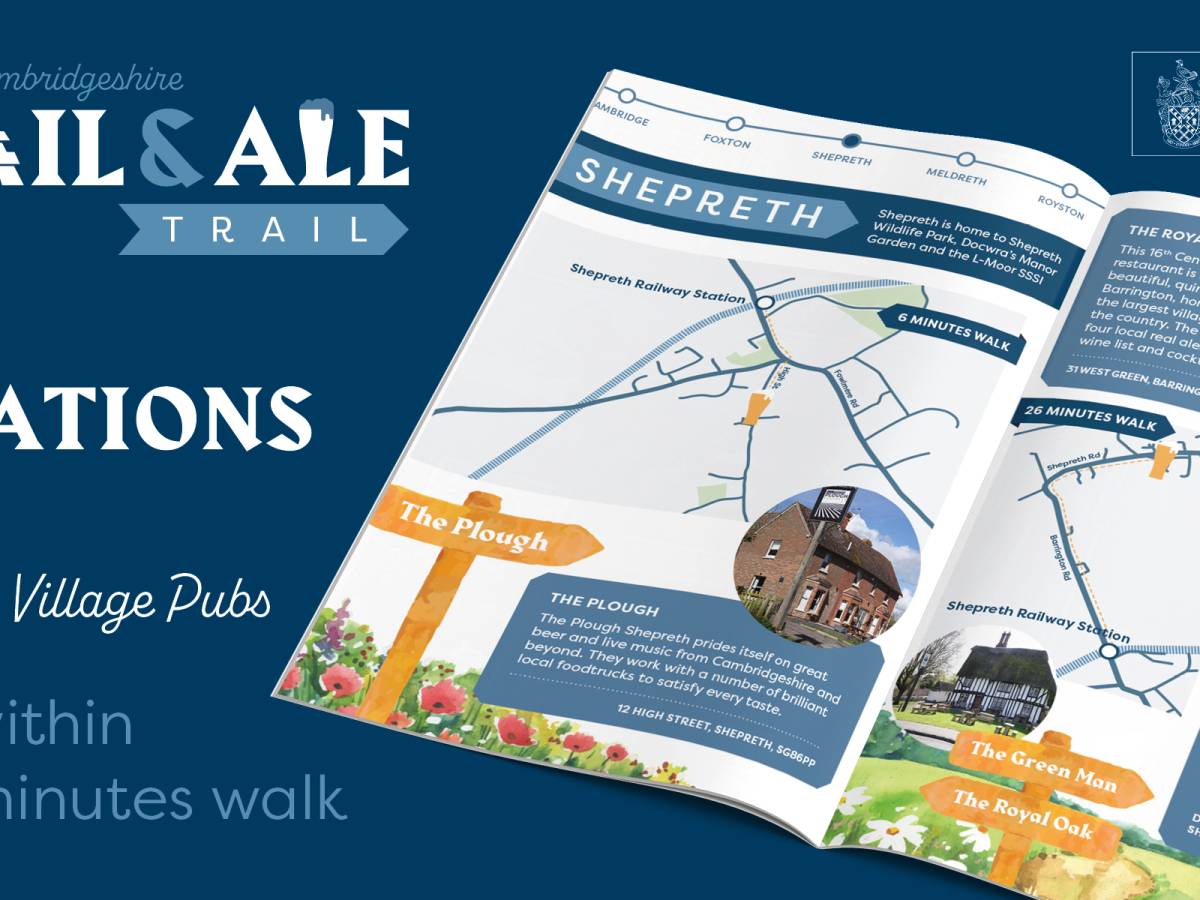 A graphic for the South Cambridgeshire Rail and Ale trail. The booklet is shown open on the page for Shepreth.