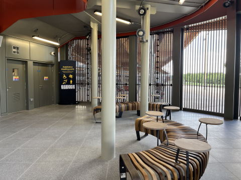 A photograph of the seating area at Cambridge South Station.