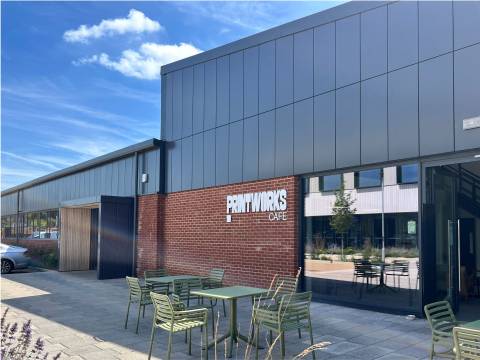 A photograph of the outside of the Printworks Cafe in Foxton