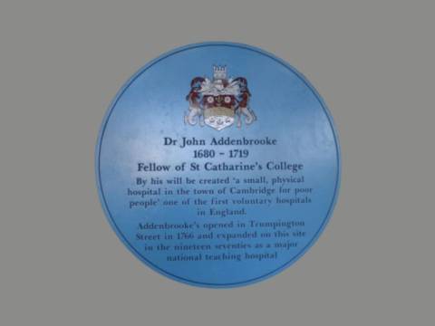 Photograph of the blue plaque to Dr John Addenbrooke who left money in his will for the establishment of a hospital in Cambridge