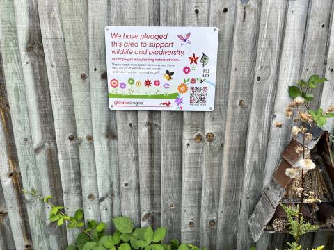 Photograph of a sign at Shelford Station reading "we have pledged this area to support wildlife and biodiversity"